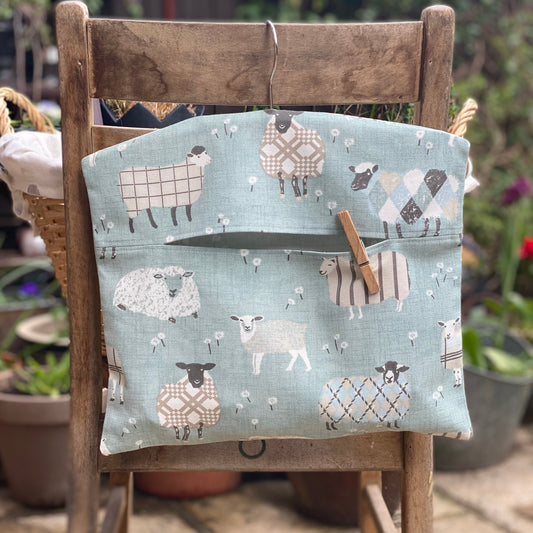 Duck Egg Blue Sheep Print Peg Bag