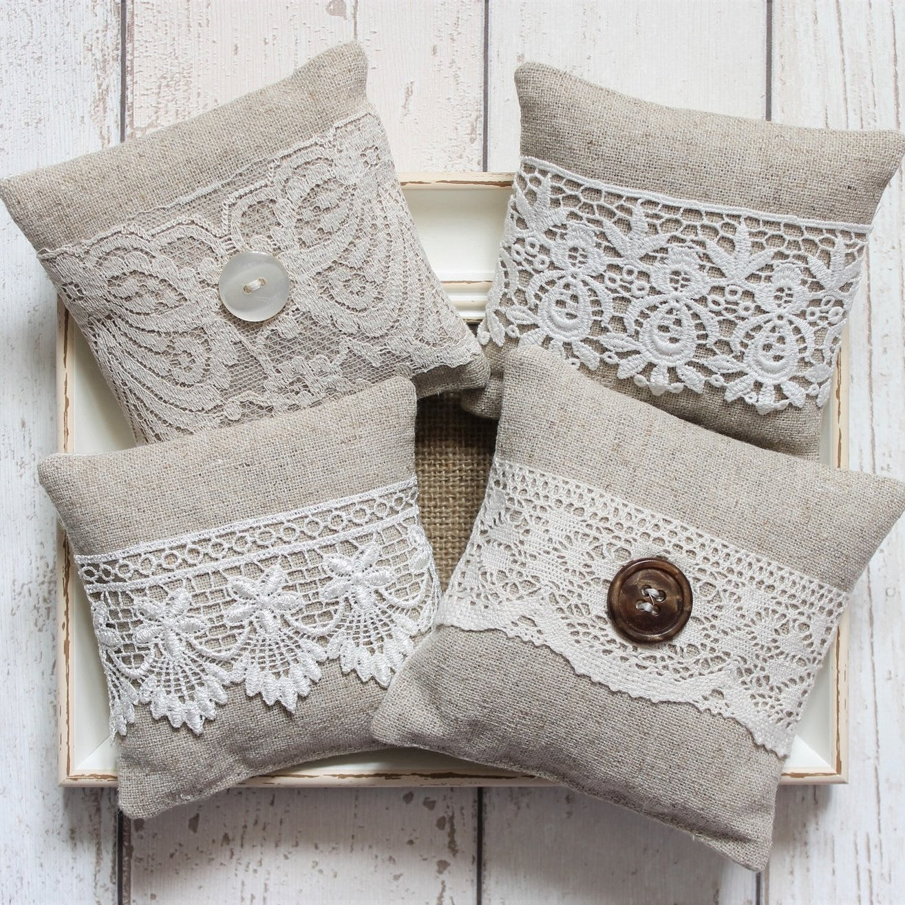 2 x Lavender Bags with Assorted Lace and Mother of Pearl Button Decoration